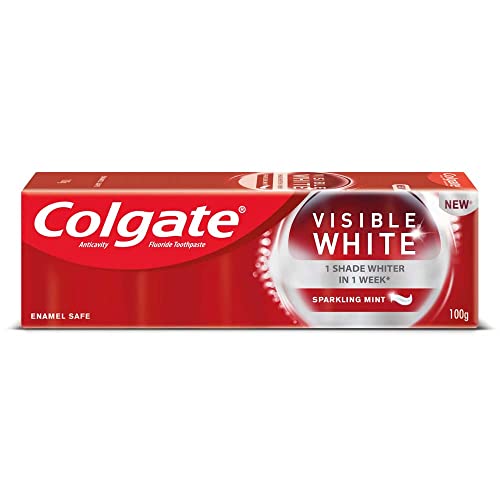 Colgate Visible White Teeth Whitening Toothpaste, Pack Of 100G, With Whitening Accelerators For Tobacco Stain Removal & Teeth Whitening, Colgate Toothpaste With Minty Flavor For Everyday Fresh Breath