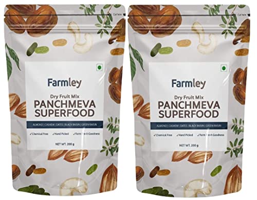 Farmley Premium Mixed Dry Fruits Panchmeva Superfood Tasty & Healthy Snacks Contains Almond,Cashew,Dates,Green And Black Raisins Pack Of 2, Each 200 Gm