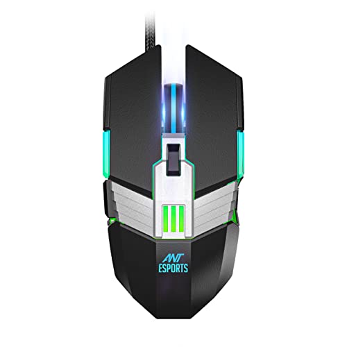 Ant Esports USB GM90 Wired Gaming Mouse with RGB, 6 Programmable Buttons, up to 3600 DPI Adjustable, Optical Gamer Gaming Mice with Multicolour LED Lights – Black