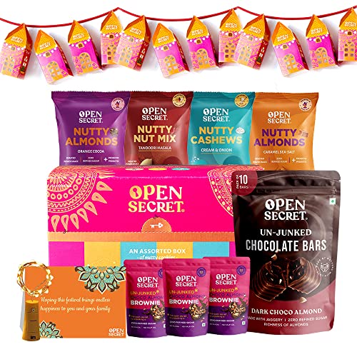 Open Secret Snacks Gifts Hamper I Nuts Combo, Dark Chocolate, Brownies, Cookies Biscuits, Lights Lantern, Card I Dry-Fruits, Healthy Snacks | Premium Snacks Combo