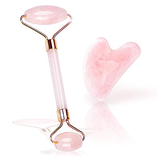 F.Lashes Jade Roller and Gua Sha Set – Natural Jade Stone Roller for Face Eye Neck Massage to Make Your Face Magic Spells, pink, medium
