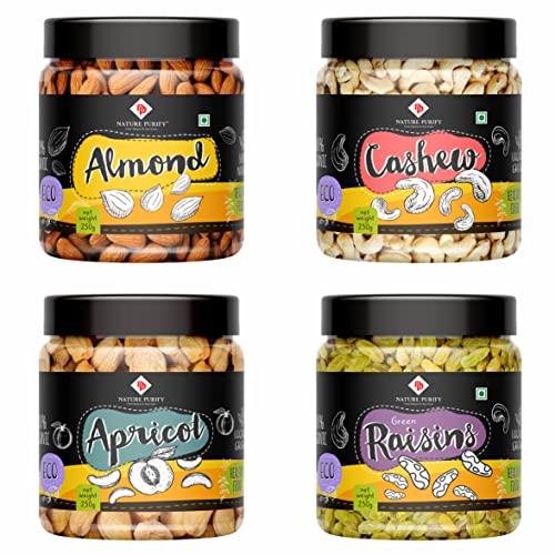 Nature Purify Premium Nutty Mix Pack of Dry Fruit Combo 1KG 250G Almond + 250G Cashew + 250G Apricot + 250G Raisins