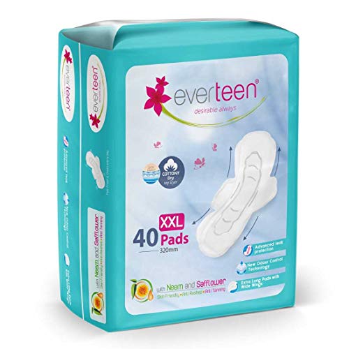 everteen XXL Dry Neem-Safflower Sanitary Pads for Women – 40 Pads, Rash Free, Anti Tan, Skin Friendly, Double Wing Shape, Advanced Leak Protection, XX Large, 320mm – 1 Pack (40 Pads)