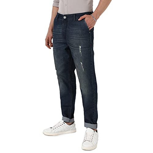 Campus Sutra Men’s Dark Blue Dark-Wash Carrot Fit Denim Jeans | Stretchable Cotton Mid-Rise Denim Jeans Crafted with Comfort Fit and High Performance for Everyday Wear