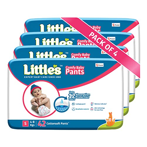 Little’s Baby Pants Diapers with Wetness Indicator and 12 Hours Absorption, Small (S), 4 – 8 kg, 168 Count