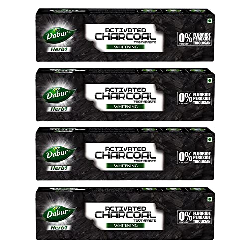 Dabur Herb’l Activated Charcoal and Mint (Black Gel) – 480g (120g x 4, Pack of 4) | Whitening Toothpaste, Fluoride Free | Fights Plaque & Extrinsic Stains