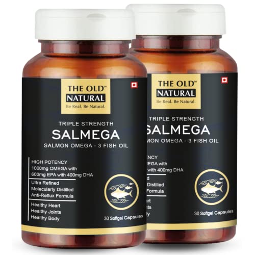 The Old Natural Salmega Triple Strength Salmon Omega-3 Fish Oil 1800Mg, 60 Softgels I High Potency 600Mg Epa & 400Mg Dha With Vitamin E I Ultra Refined, Anti Reflux Formula, Burp Free (Pack of 2 – 30 Softgels Each)