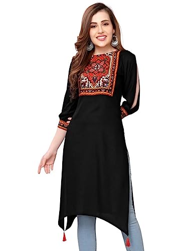 SIRIL Women’s Rayon Digital Print, Tassel Straight Kurta (322K772-L_Black)