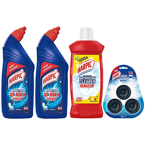 Harpic Disinfectant Toilet Cleaner Liquid, Original – 1 L (Pack of 2) & Disinfectant Bathroom Cleaner Liquid, Lemon – 1L & Flushmatic In-Cistern Toilet Cleaner Blocks, Marine – 150 g