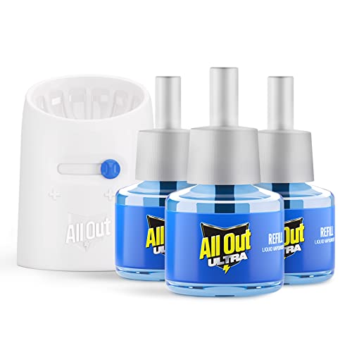 All Out Ultra Combo Pack 3 Refill + 1 Machine | Ultra Liquid Power | Kills Dengue Mosquitoes | 100% More Power Mosquito Repellent, Blue