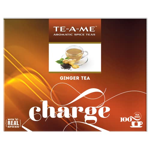 TE-A-ME Charge Ginger (Adrak) Black Tea, 100 Tea Bags – 100% Natural Ingredients – Black Tea and Real Ginger | Strong and Flavourful Ginger(Adhrak) Spice Chai