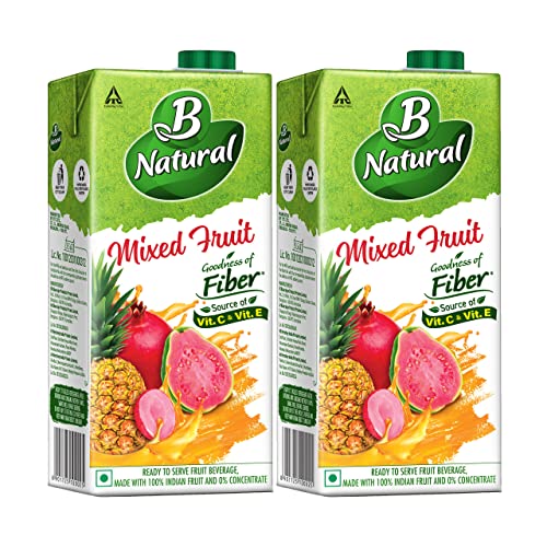 B Natural Mixed Fruit, Goodness of fiber, Rich in Vitamin C & E, Made with 100% Indian Fruit and 0% Concentrate, 1 litre (Pack of 2)