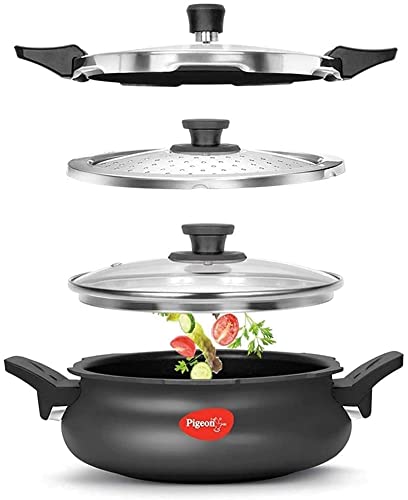 Pigeon By Stovekraft All in One Super Cooker Aluminium with Outer Lid Induction and Gas Stove Compatible 3 Litre Capacity for Healthy Cooking (Black)
