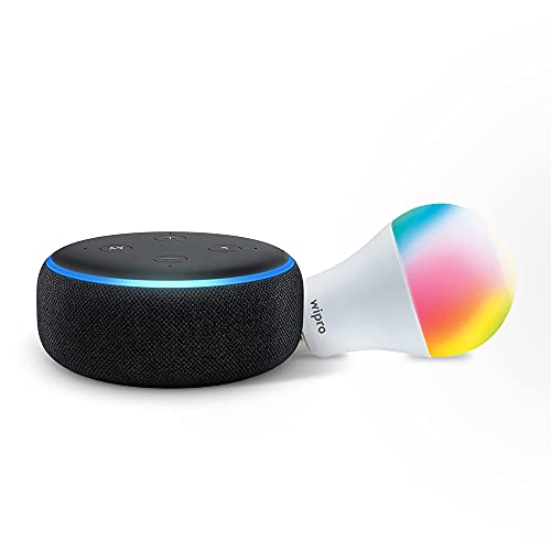 Echo Dot (Black) Combo with Wipro 9W Smart Color Bulb – Smart Home Starter Kit