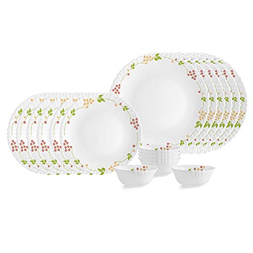 Cello Opalware Dazzle Series Secret Garden Dinner Set, 18Pcs | Opal Glass Dinner Set for 6 | Light-Weight, Daily Use Crockery Set for Dining | White Plate and Bowl Set