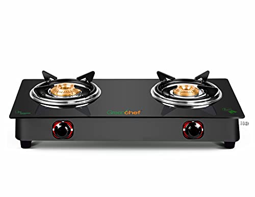 GREENCHEF Elon Glass cook top 2 Burner Gas stove,Black Body (Manual Ignition)