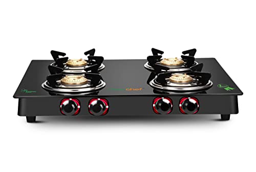 GREENCHEF Elon Glass cook top 4 Burner Gas stove,Black Body (Manual Ignition)