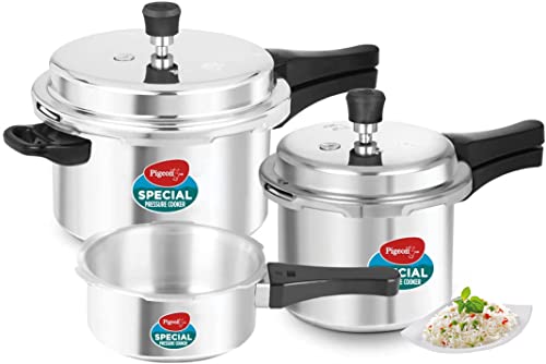 Pigeon by Stovekraft Aluminium Outer Lid Pressure Cooker Combo 2 litre, 3 litre, and 5 litre, Induction Base – 12685 (Silver)