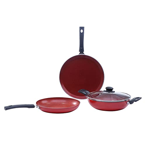 Wonderchef Valencia Non-Stick Cookware 4 Piece Set, Kadhai with Lid, Fry Pan, Dosa Tawa, Induction Friendly Design, Cool Touch Bakelite Handles, Pure Grade Aluminium, PFOA Free, 2 Years Warranty, Red