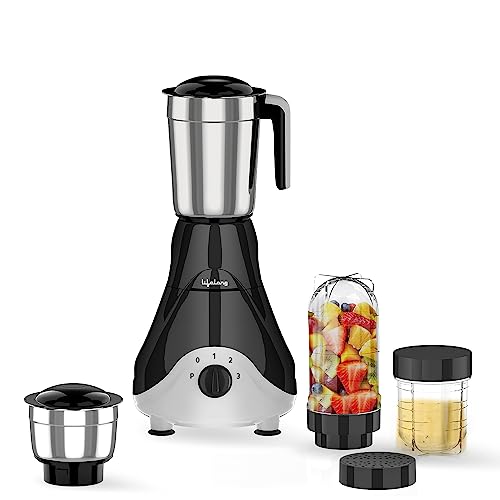 Lifelong 500W Mixer Grinder with 4 Jars | Stainless Steel blades | 3 Speed Operation, 1 Year Manufacturer’s Warranty(Black) LLMG39