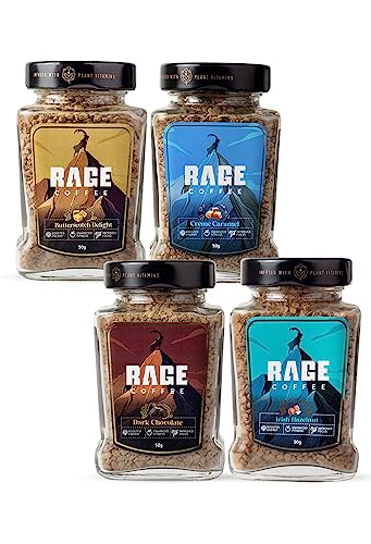 Rage Coffee Combo Pack of 4 Premium Instant Coffee – 50gms each of Irish Hazelnut, Dark Chocolate, Crème Caramel, Butterscotch Delight | Premium Arabica Beans | Hot or Cold Coffee