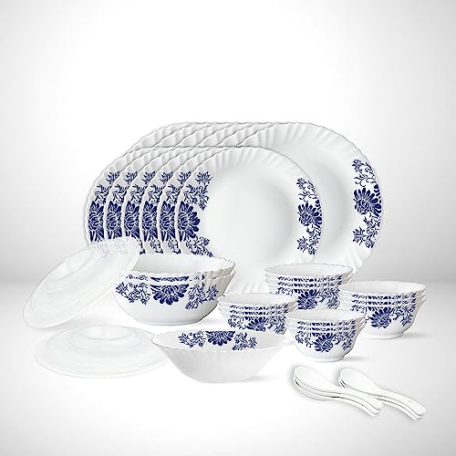 Larah by Borosil Leona Silk Series Opalware Dinner Set, 35 Pieces, White, Opal Glass Dinner Plates & Bowls, Crockery Set for Dining
