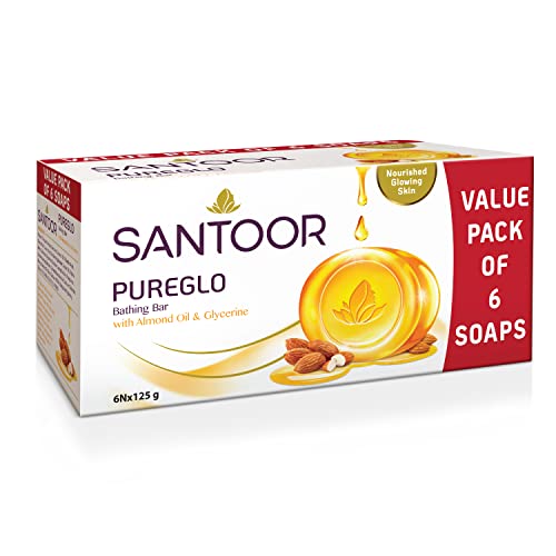 Santoor PureGlo Glycerine Bath Soap with Almond Oil for moisturized, nourished and shining Skin, Combo Offer 125g Pack of 6