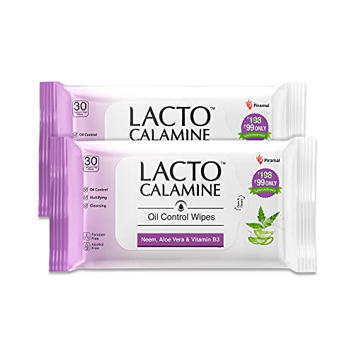 Lacto Calamine Oil Control Face Wipes with Neem, Vitamin B3 and Aloe Vera, No Parabens, Alcohol Free, White, 60 Count, Pack of 2