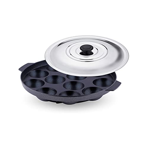 Attro Non-Stick Heavy Duty 12 Cavity Aluminium Appam Patra Paniyarakkal Two Side Kan Handle with Steel Lid and Wooden Picker (Black)