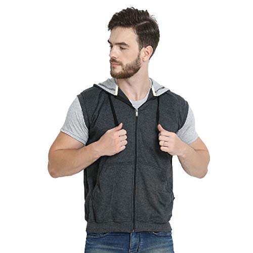 Teemoods Men’s Cotton Fleece Sleeveless Hooded Jacket (Dark Grey, XLarge)