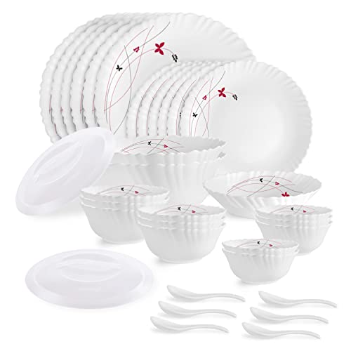 Cello Opalware Dazzle Series Lush Fiesta Dinner Set, 35Pcs | Opal Glass Dinner Set for 6 | Light-Weight, Daily Use Crockery Set for Dining | White Plate and Bowl Set