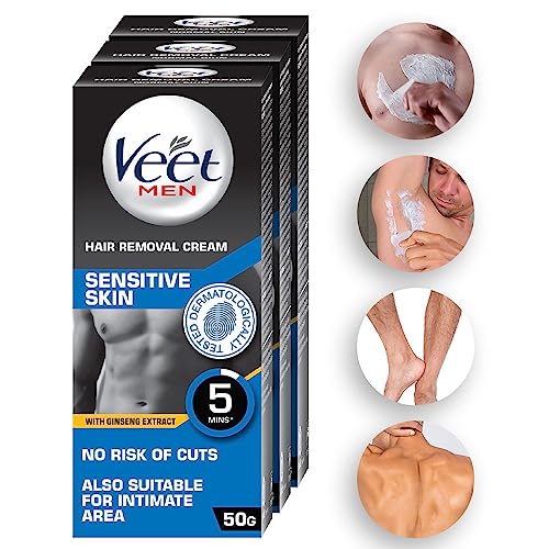 Veet Hair Removal Cream for Men, Sensitive Skin, 50g Each (Pack of 3)