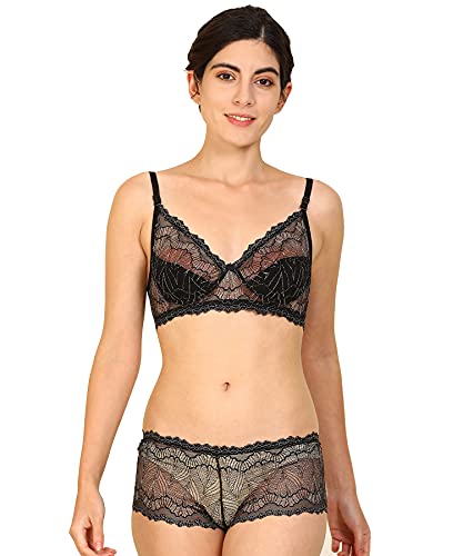 Fashion Comfortz Net Lace Bra and Panty Set Womens Girls Ladies Undergarments Bra Panty Set for Women with Sexy Panty Bra Set for Women Bridal Bra Panty Set Womens Black
