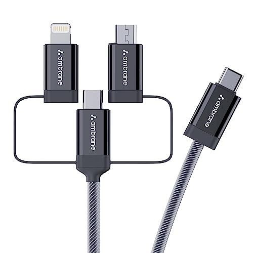 Ambrane 3 in 1 Type C, Lightning and Micro USB Cable Compatible with iPhone, Micro USB, Type C Devices, PD Technology, 60W Fast Charging, Multipurpose Cable for all devices (Trio-15, Black, 1.5m)