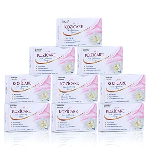Kozicare Skin Lightening Soap with 0.50% Kojic Acid,0.50% Arbutin, 0.50% Vitamin C, 0.50% Vitamin E, 0.30% Glutathione |Sun screen protection |keeps your skin young and moisturised – 75g (Pack of 9)
