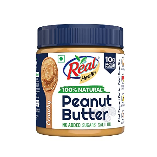 Real Health 100% Natural Peanut Butter (Crunchy) – 350gm | Unsweetened | High Protein with 10g Protein per serve | For Fitness conscious | Zero Trans Fat | Gluten Free | Non-GMO Peanuts