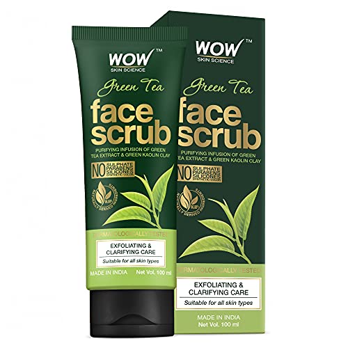 WOW Skin Science Green Tea Face Scrub – with Green Tea Extract & Green Kaolin Clay – for Exfoliating & Clarifying Skin – No Sulphate, Parabens, Silicones & Synthetic Color – 100mL
