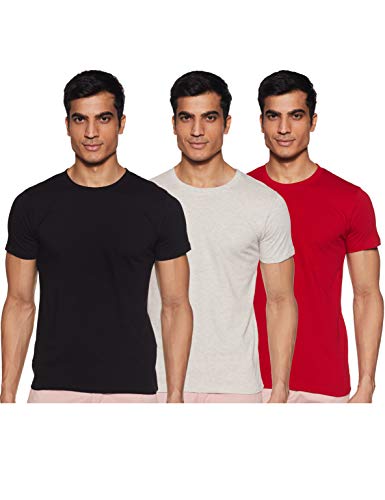 Chromozome Men’s Solid Regular Fit TEE (OS 10_Fireballred-Black-Ecru S)