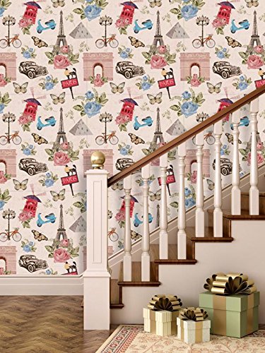 Paper Plane Design ‘Eiffel Tower Print’ Wallpaper (PVC Vinyl, 16 x 80 Inch x 3 Roll, Multicolour, 27 sq ft, 3-Pieces)