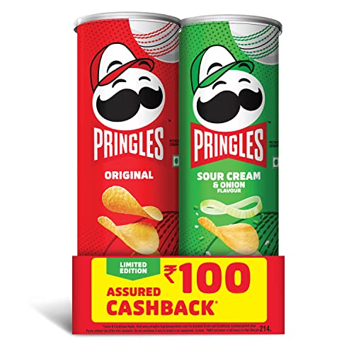 Pringles Match Ready Pack 214g | Crispy Potato Chips with goodness of Classic Salt Flavor of Original 107g and Exotic Flavor of Sour Cream & Onion 107g | Resealable & Portable Can | Snack Food