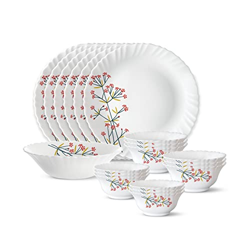 Larah by Borosil Blue Eve Silk Series Opalware Dinner Set | 35 Pieces for Family of 6 | Microwave & Dishwasher Safe | Bone-Ash Free | Crockery Set for Dining & Gifting | Plates & Bowls | White