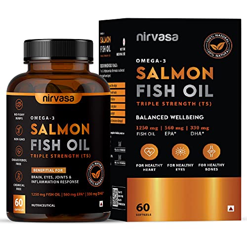 Nirvasa Omega 3 Salmon Fish Oil Softgel Capsules (Triple Strength) for Men & Women | 1250mg Salmon Fish Oil, 560mg EPA & 400mg DHA | No Fishy Burps | Supports Healthy Heart, Brain & Bones – 60 x 1 Cap