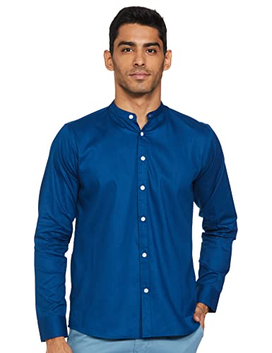 Luxrio Men’s Solid Slim Fit Mandarin Collared Casual Shirt Blue Size 40