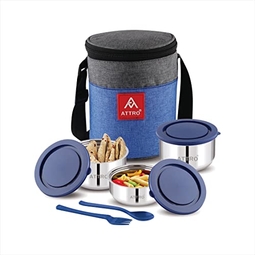 Attro Fresho Stainless Steel Double Wall Lunch Box, Airtight & Leak Proof – 3 Containers with Bag, Fork & Spoon for Office Use, School, Picnic 800 ml – Dark Blue