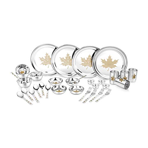 Classic Essentials Stainless Steel Dinner Set | Pack of 32 | Heavy Gauge Stainless Steel Dinner Set | Kitchen Set for Home | Maple Lazer Design Dinner Set | Shagun Set | Bratan Set