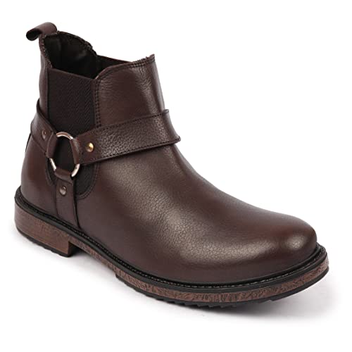 FAUSTO FST FOLMCB-3006 BROWN-41 Men’s Brown High Ankle Genuine Leather Side Ring Buckle Design Slip On Chelsea Work Boots (7 UK)