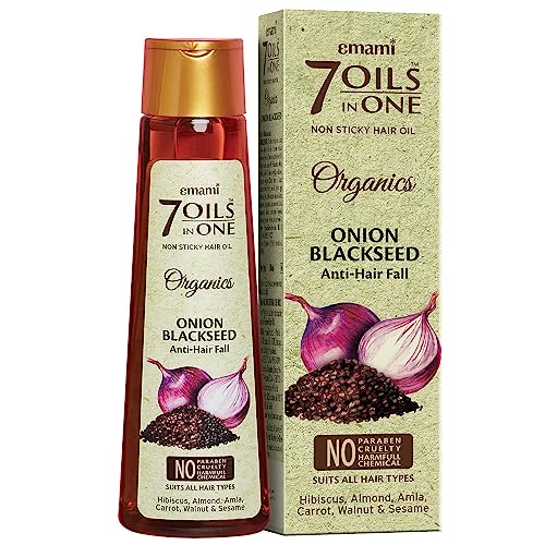 Emami 7 Oils In One Organics Onion Blackseed Hair Oil | Anti-Hair Fall | Ultra-Light & Non-Sticky | Free From Parabens, Sulphates & Harmful Chemicals | For Thick, Strong Hair, 200ml