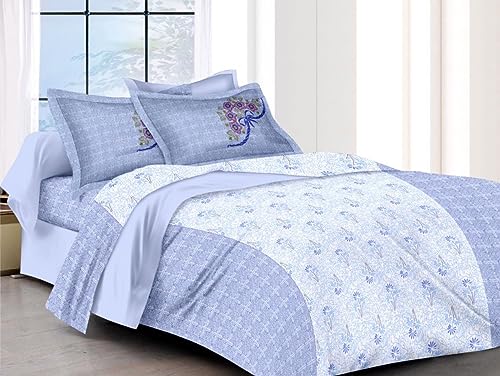 IVAZA 100% Cotton Queen Size Bedsheet for Double Bed (Double, White & Blue)