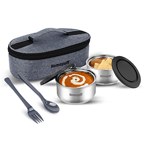 Home Puff Set of 2 Stainless Steel Insulated Lunch Box for School and Office, Spill Proof Tiffin for Men & Women, Unbreakable Lid, Free Bag, Easy to Clean, 325mlX2, Grey, Made in India, with Warranty