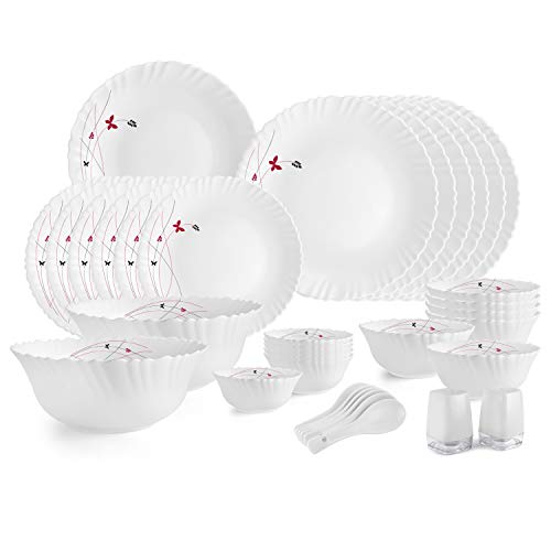 Cello Opalware Dazzle Series Lush Fiesta Dinner Set, 35Pcs | Opal Glass Dinner Set for 6 | Light-Weight, Daily Use Crockery Set for Dining | White Plate and Bowl Set